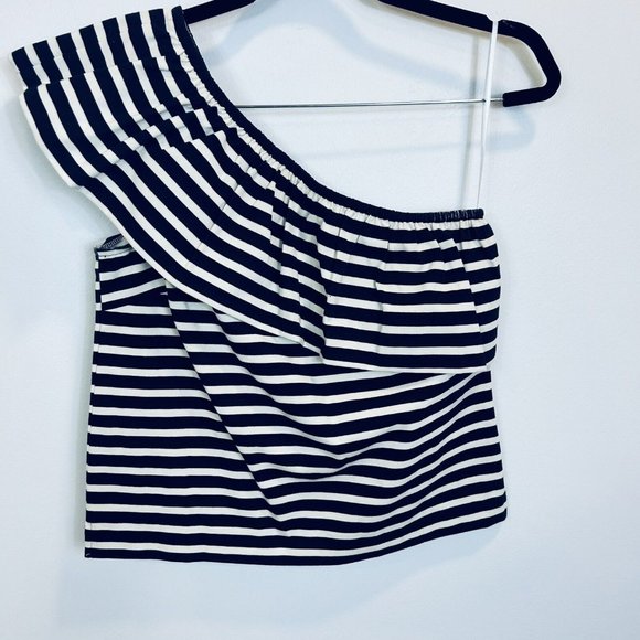 🛑 J. CREW XS One Shoulder Striped Ruffle Top Nautical Blue White G7064 - Picture 4 of 9